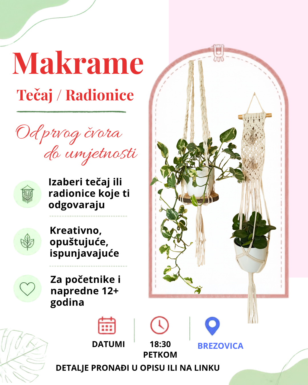 Makrame tečaj: 1. termin/radionica Držač za biljke zidni BREZOVICA